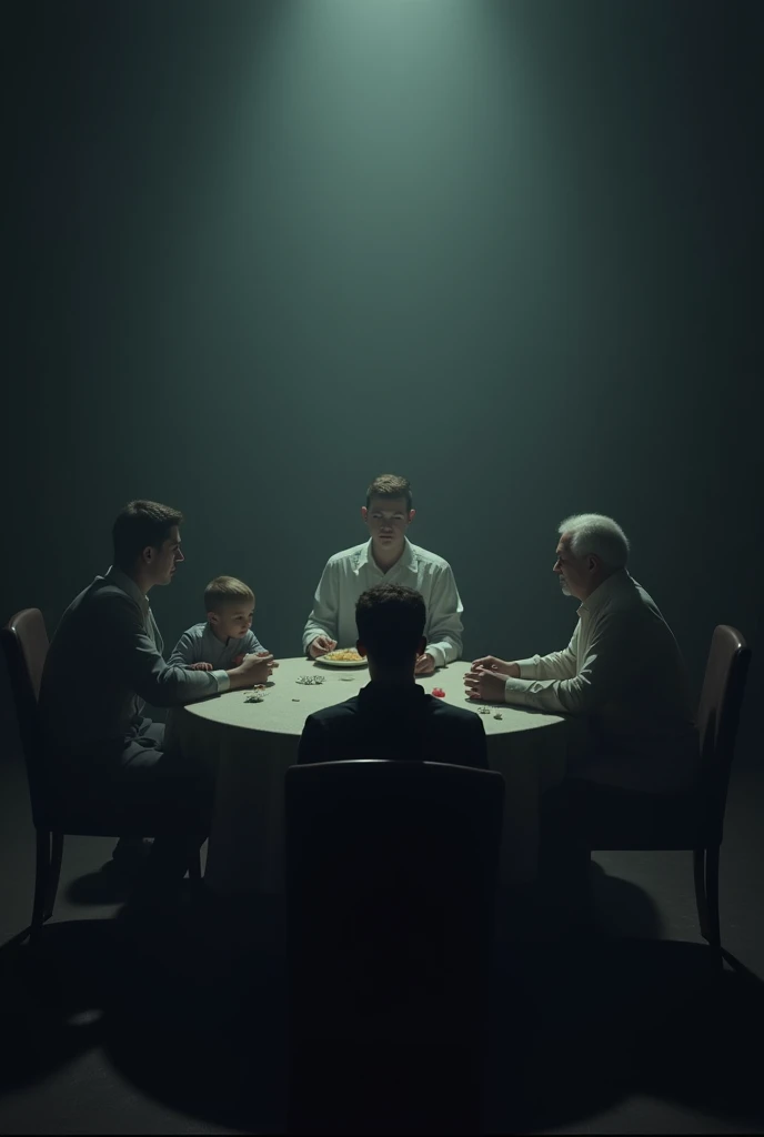 The picture has a baby boy, an older boy, a young man, a working man, and an old man sitting on a circular dining table. All are men Virtual image The tone of the picture is mysterious and dark. There are only 5 people in the picture.
