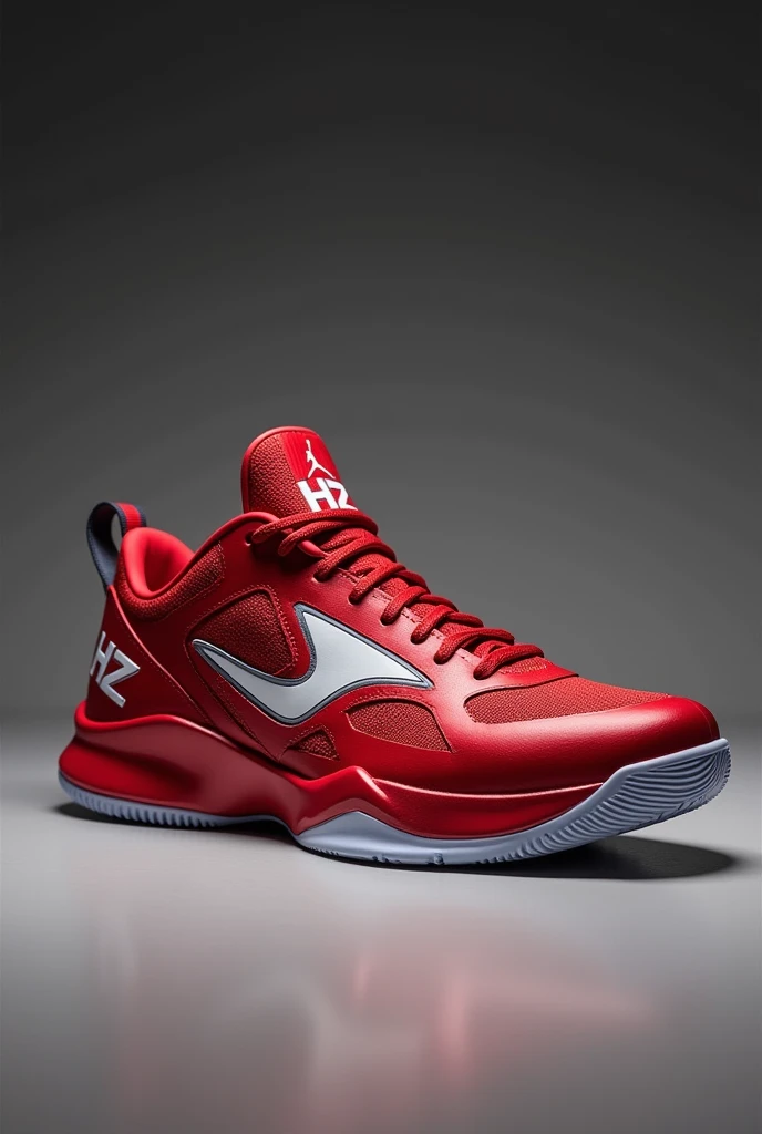 Basketball shoes, put the HZ brand that have the best jumping technology and the best materials that have a satin red color with bone white in the shape of a killer whale, low boot