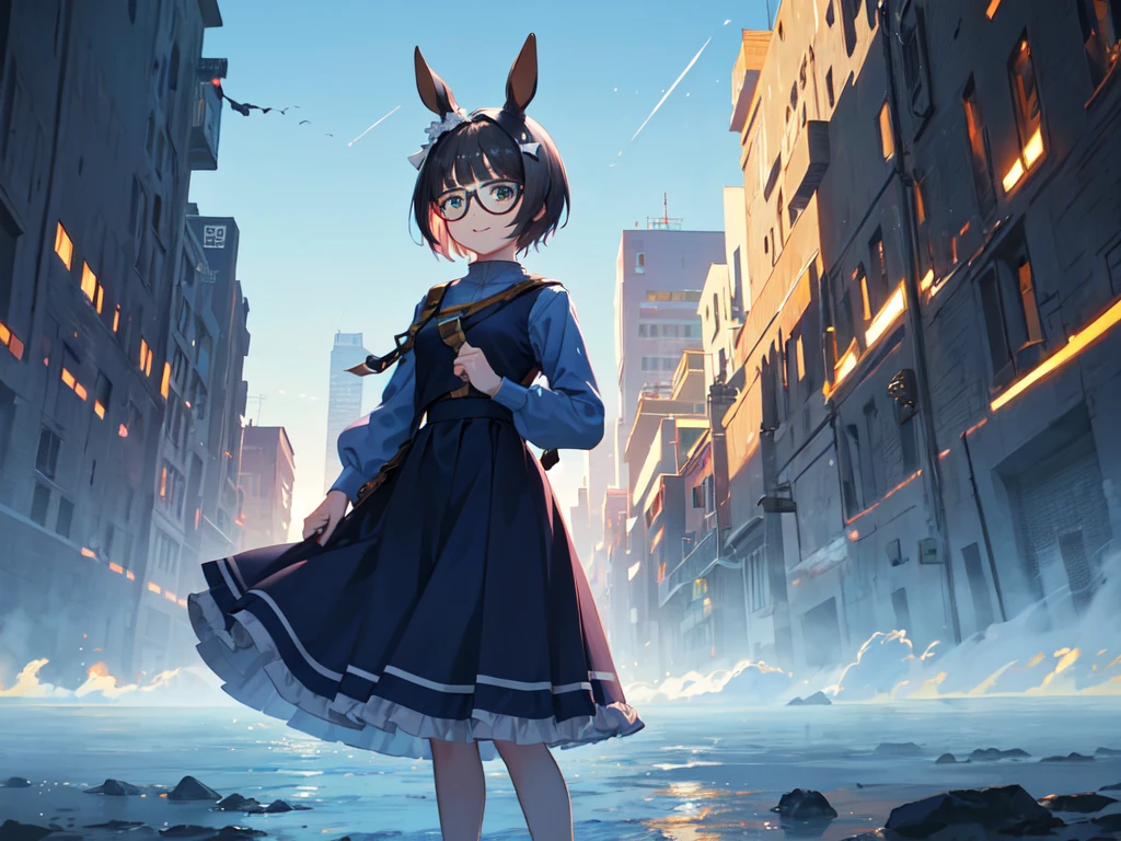 solo、Alone、1Alone。masterpiece, 超High resolution, Highest quality, High resolution, 8k、(noline:1.5)、(flat2-DIM1:1.5)、Shooting from above、Feet out of frame,。Woman with horse ears、Beauty、Wear black glasses。Big Breasts、Pale pink lips、smile。Blue Dress、Navy Blue Skirt、A large blue ribbon on the chest。The body is tilted diagonally to the side、Place your hand on your chest。breeze、Starry Sky、cliff。light up。