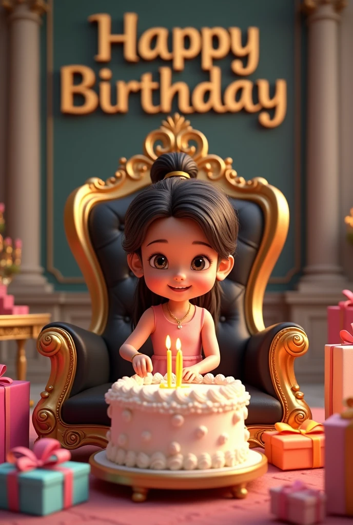 create realistic illusion image of A 1 girl is sitting on a king chair and she is cutting the birthday cake there are many gifts kept next to it and Happy Birthday Lamon,3d text is written on the back wall