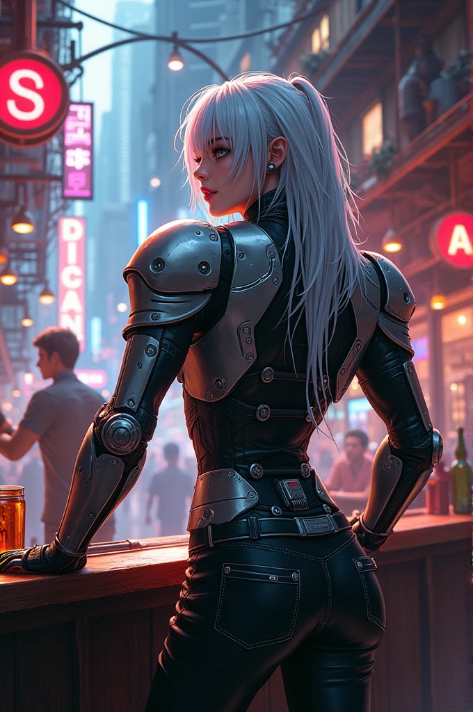 Silver-haired man in mechanical armor is pouring drinks at the bar, surrounded by lively crowds and cyberpunk-style scenes, with high-definition illustrations and detailed character design. Full-body close-up shots, neon lights, digital art techniques, rich colors, and a sense of mystery permeate the scene. The man is dressed in . --ar 70:93
Cyberpunk bartender with white hair, wearing silver and black armor, is pouring drinks for people in the background inside an old, industrial-style steampunk city. There are lots of neon lights, in the style of Artgerm, Greg Rutkowski, and Makoto Shinkai, trending on ZBrush Central and Pixiv Fanbo