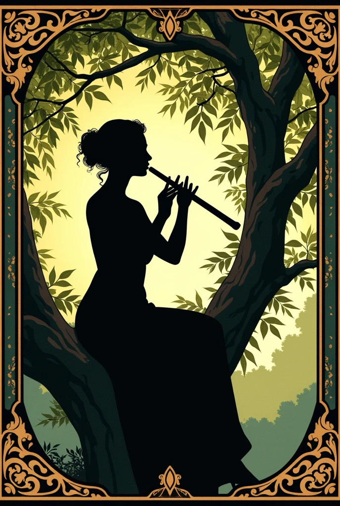 Woman playing the short flute with both hands sitting in a tree, Renaissance style.
Very decorated frame, Mucha Style. Seen as a shadow, logo type. Godiva style