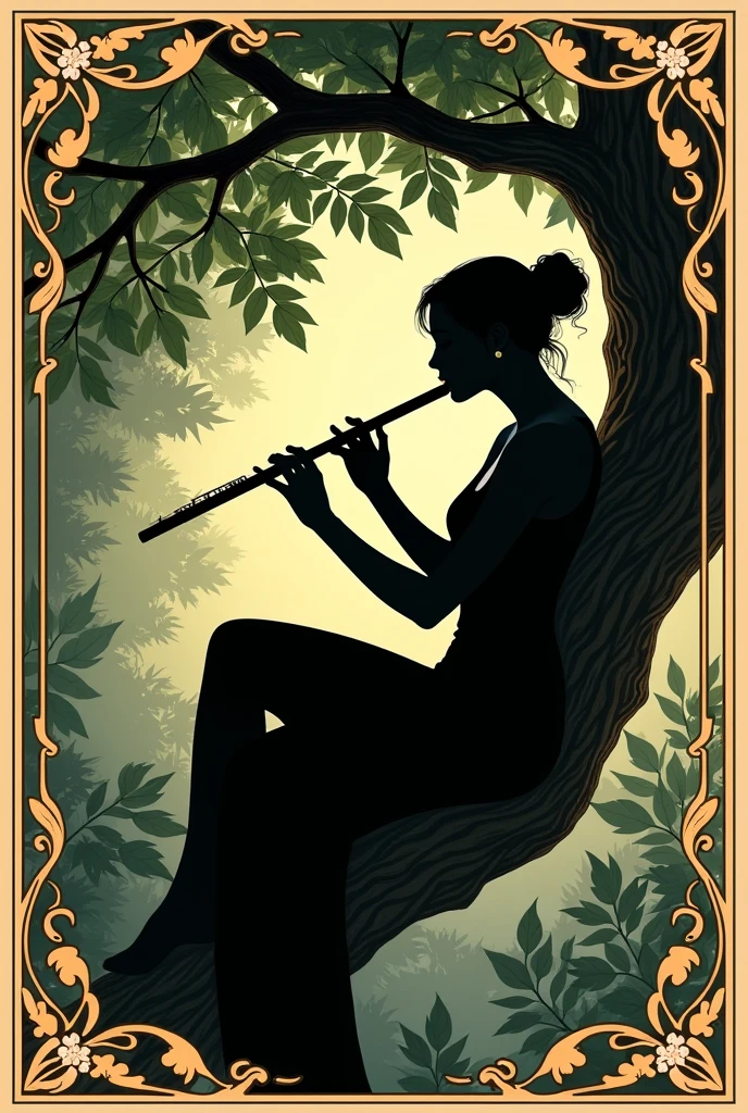 Woman playing the short flute with both hands sitting in a tree, Renaissance style.
Very decorated frame, Mucha Style. Seen as a shadow, logo type. Godiva style
