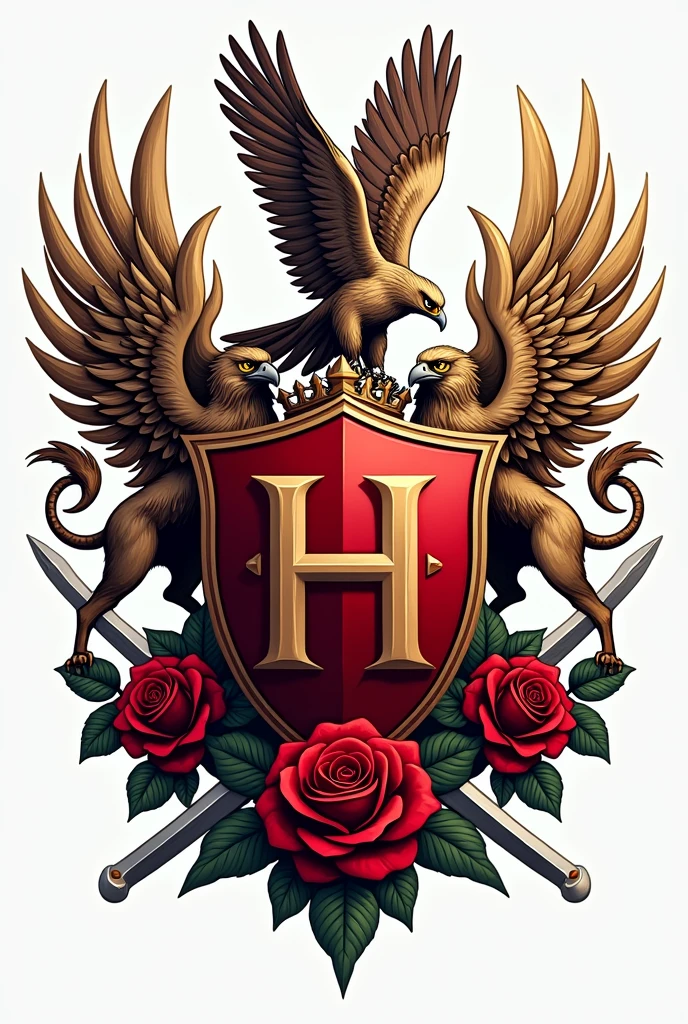 Create a logo for a school called las rosas and add the falcon and make it look like a shield of Spain and on the sides add a griffin and also put roses and you can also add swords to it, emphasize the letter h in the center