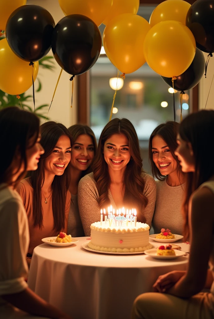 Create background image on the hotel one table up cake with candles age 21 add some female friends write name happy birthday shehrbano with lights and a lot baloons black and yellow