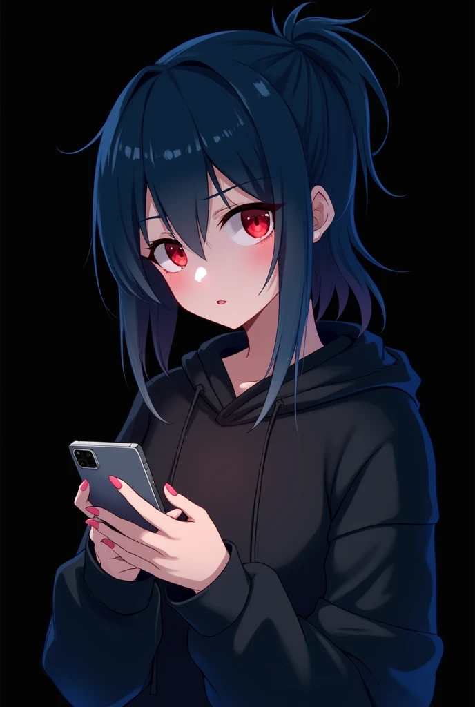 Anime girl , dark blue hair , modern day mullet hair style , black hoodie , red eyes , almond eye , using phone , blank black background