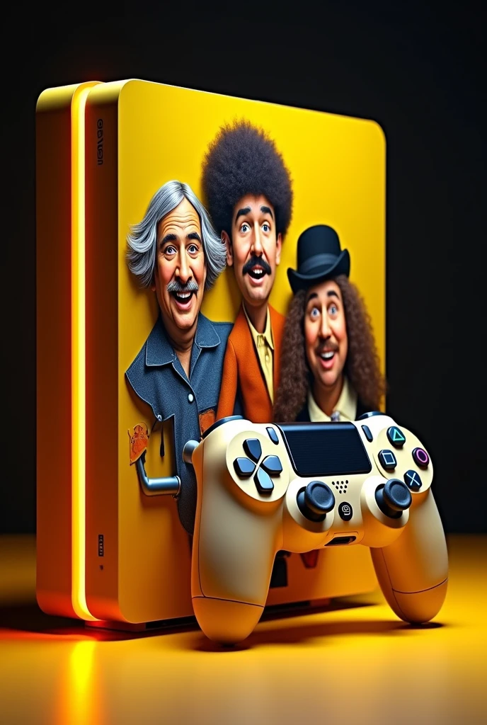 PS4 slim version of The Three Stooges with Moe&#39;s caricature,Larry and Curly with a leaking pipe drawn on the beige color controller, a solar yellow light on the edges and on the neon button