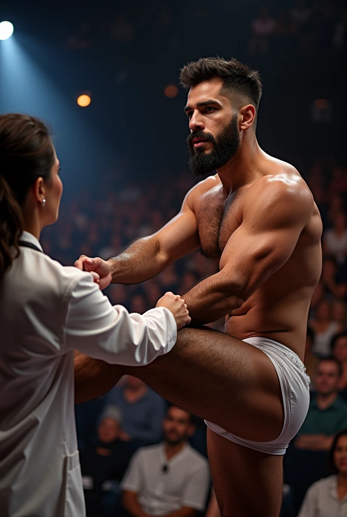 A sexy, muscular, hairy, bearded, Puerto Rican man in white underwear having his thigh examined by a male doctor in front of an audience of seated women and a presenter in formal wear on the stage of a popular health program on TV. clear environment.