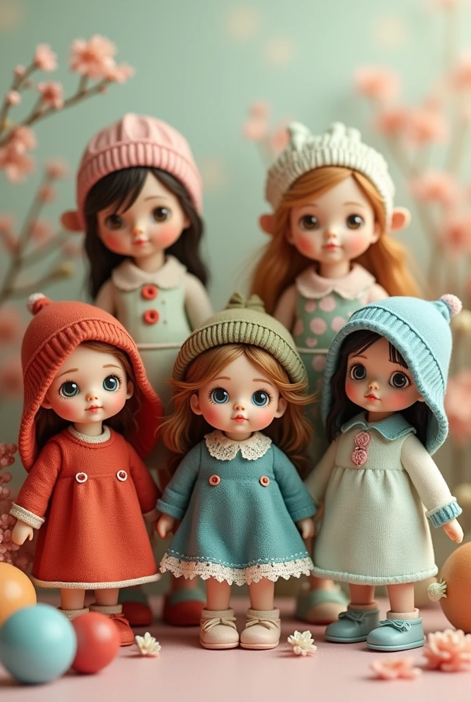 Generate an image of 5 dolls in pairs, a red duo, a brown one, a green one, one blue and one white