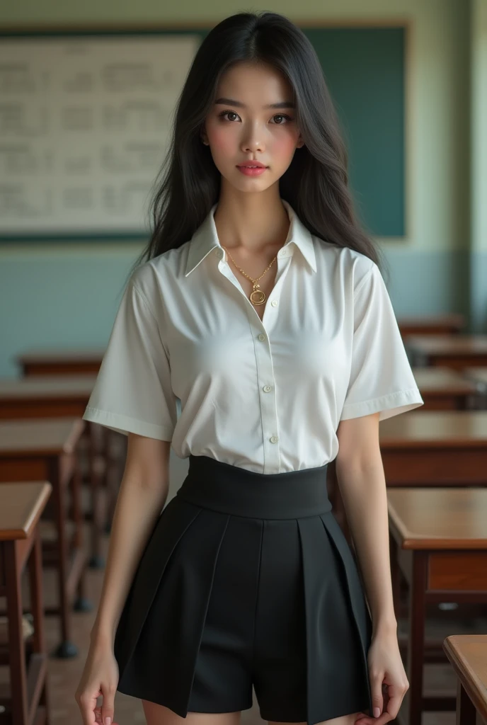 Beautiful girl with smooth skin, black hair, dark eyeshadow, gold pendant (beautiful bra, C shape), wearing a Thai student uniform, a white short-sleeved shirt, a black short skirt, a tight fit, standing and posing in a classroom. The background is a classroom, student desks and chairs. The most realistic picture.