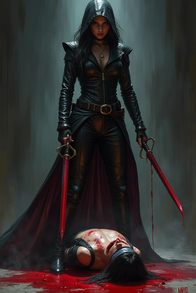 Realistic, A beautiful marvel Elektra knife, cut throat A man blindfold neck bloody splash, full body, wide o pen throat