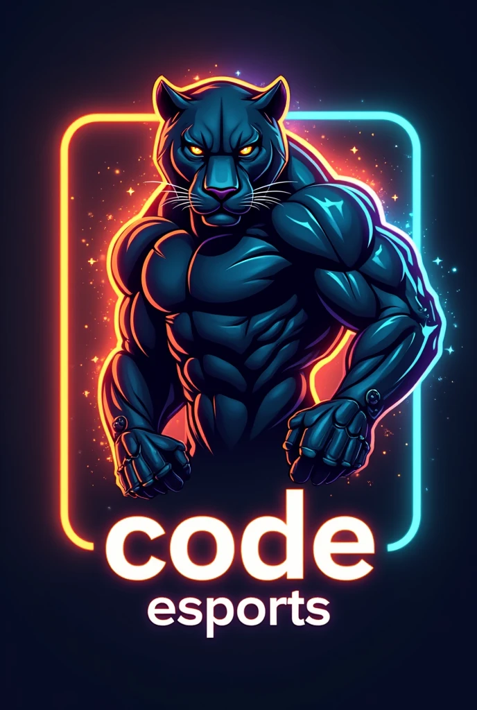 Create an esports logo featuring a sleek panther sporting a glowing cybernetic arm, surrounded by pulsating neon lights in shades of orange and cyan, with the team moniker "code eSports" emblazoned beneath.