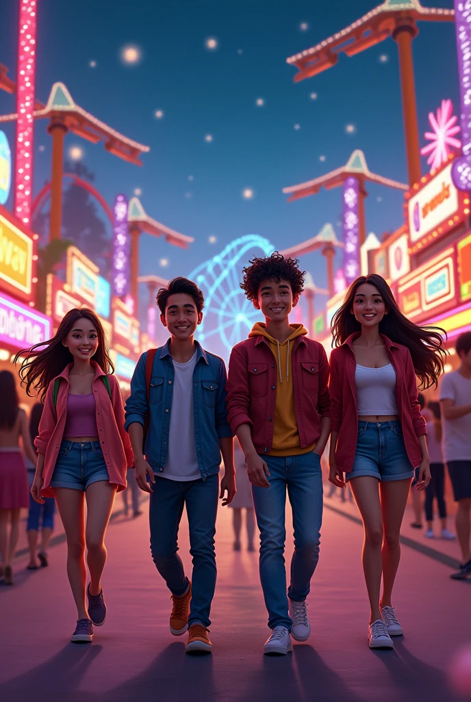 Create an image of four friends, two men and two women, in an amusement park at night 