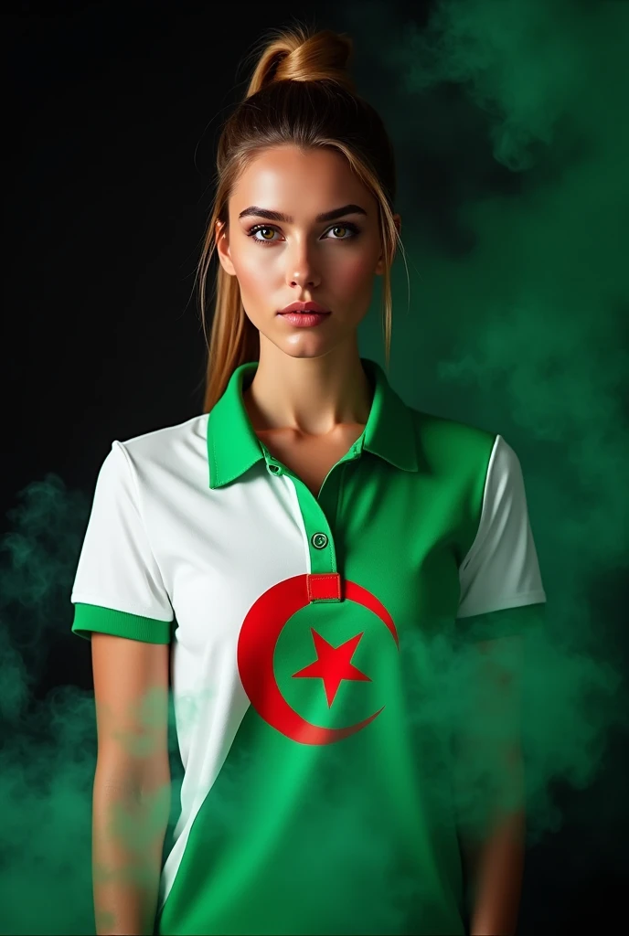 Beautiful woman wearing white and green block polo shirt with large Algerian flag pattern, black background with colored smoke, realistic photo