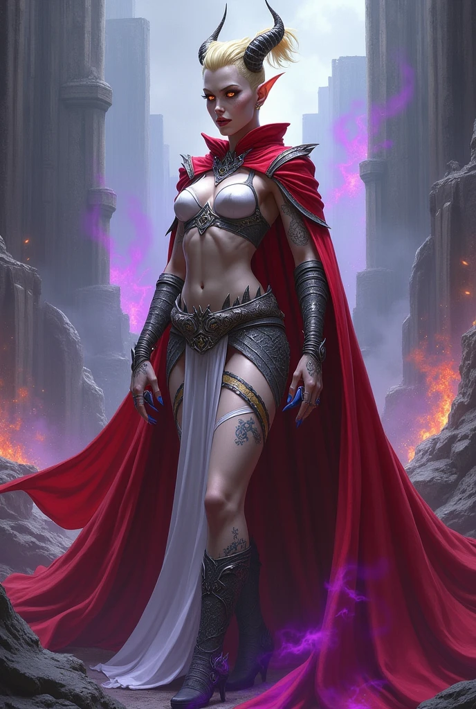 extremely muscular blonde elf woman, white warrior empress uniform [the outfit shows her excellent physique]; has a long and extremely extravagant red cape that only reaches the shoulder pads; shaved punk undercut haircut, on the left side of the hair there is a dragon design, has a crown-shaped horn that starts at the back of the head at the nape of the neck, she is laughing like a villain and her teeth are clenched dragon fangs; her lizard-like collar is her fire-colored eyes; she has claws instead of nails; tribal Maori tattoos up to the forearm. She is laughing like a villain; the character is standing on the ruins of a city with purple fire burning. 2.5D  drawing art. size 1920x1080 4k