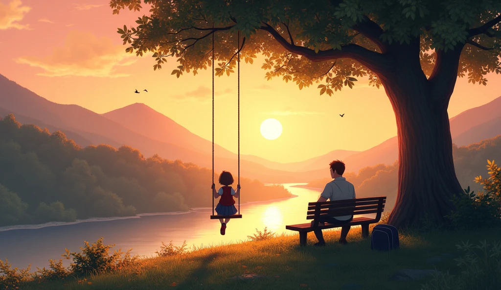 A Tree which is at bottom right,with bushy leaves and below the tree at the left there is a school bag placed on the ground and at the right side branch of the tree is a swing and a school girl is swinging in it turning backside. To the left of school bag and to the left the tree ,there is a seater bench and one man is seated on that bench looking at the sunset at the background through 3 hills turning backside like the girl is facing. To the left side of the man and bench there is a stream that is flowing from the hills and there are 2 birds flying at the top of 2nd hill