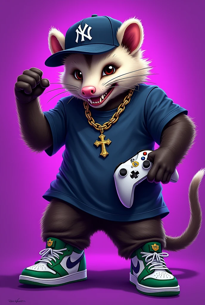 generates an opossum with an aggressive appearance that has a closed fist in its left hand and is holding an Xbox controller in the other., on his head a Yankees cap, with a t-shirt and a gold chain with a crucifix and an anchor and some Nike Jordan sneakers with a purple background
