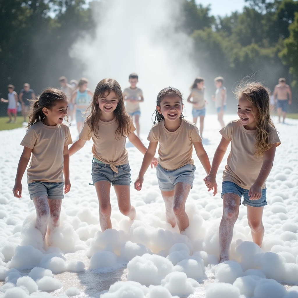 A wide-angle photo showing several kids, aged 6-12, playing in a large open area filled with light soap foam. The foam is drifting down from above, creating a magical, playful scene. The kids, dressed in wet t-shirts and shorts, are enjoying the gentle, floating foam as they play and laugh together.