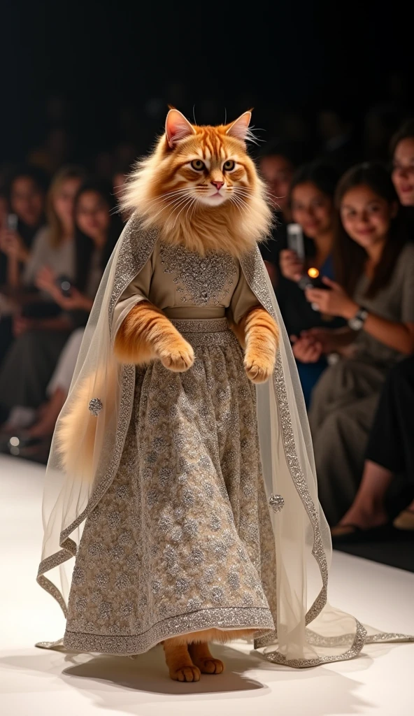 "A fluffy brown tabby cat glides down a runway on two legs, wearing a stunning Pakistani bridal sharara with heavy silver embroidery. Her long hair is styled in soft curls, and a heavily embellished dupatta is draped over her head. The crowd is enchanted, snapping photos of this glamorous bridal outfit."