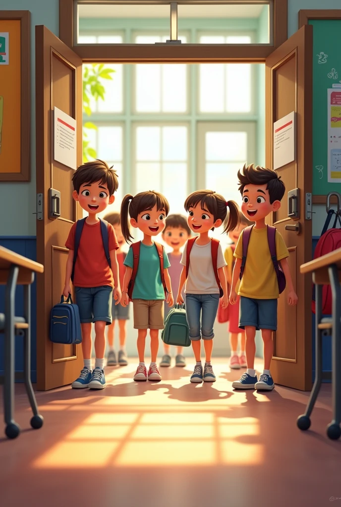 Children enter the classroom, one by one, chatting and hanging up their backpacks on hooks by the door.]
