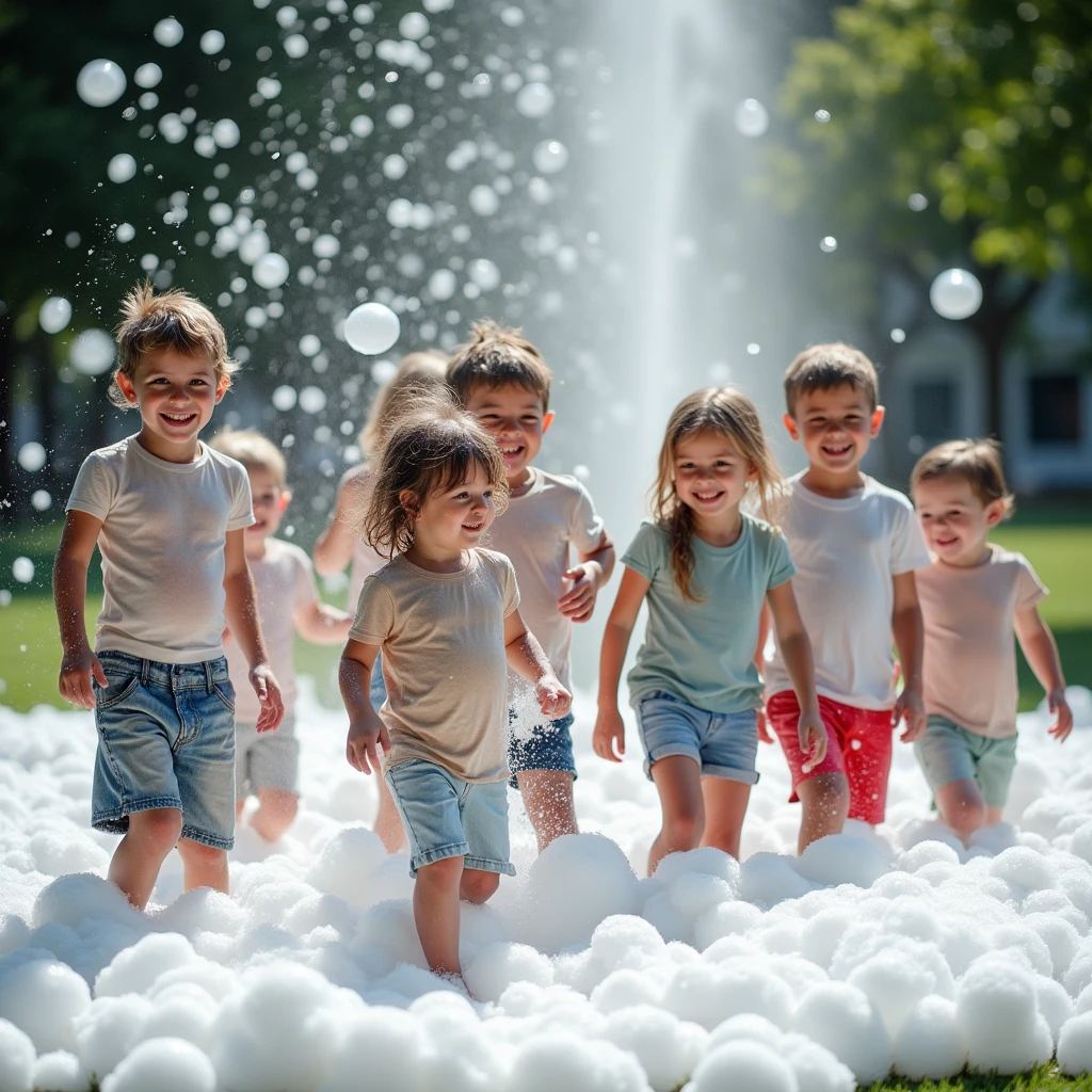 A dynamic photo capturing a group of kids, boys and girls of different ages, standing in a park filled with light, soap foam. The foam is gently falling from above, creating a fun and whimsical environment. The kids, in wet t-shirts and shorts, are happily playing, surrounded by the soft, floating bubbles.