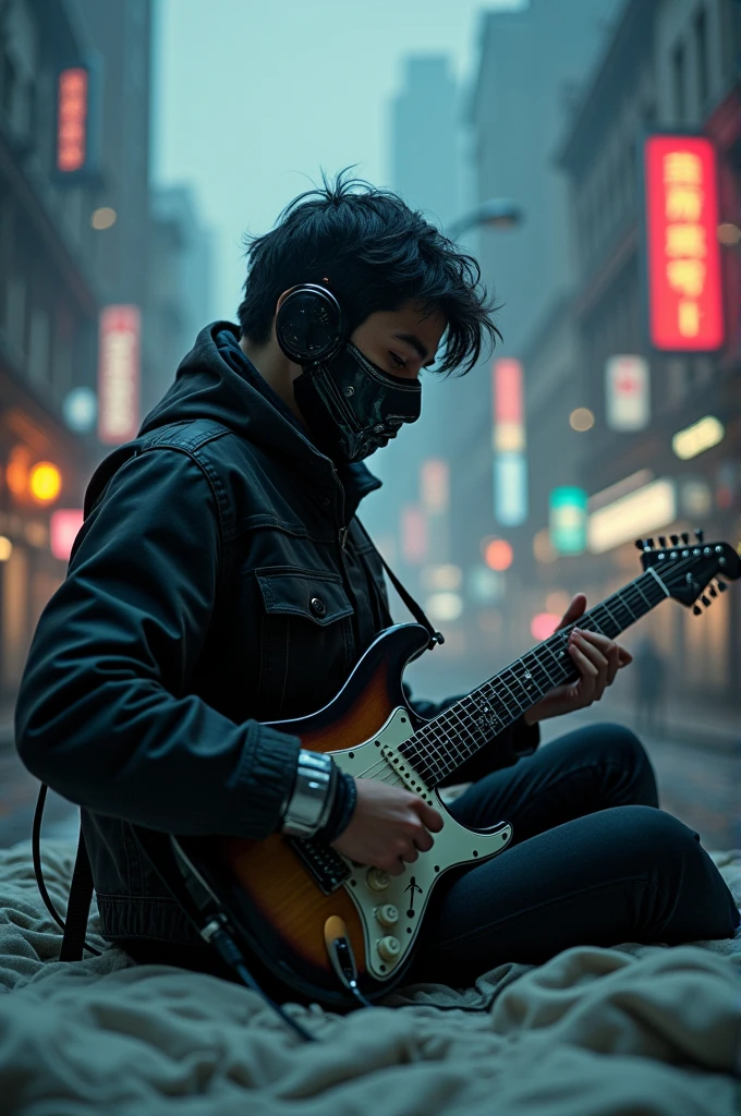 A young man, 16yo, he is wearing a high-tech mask, his right hand is a cyborg arm. sitting on the bed playing guitar, plays the guitar, Improvise music, Playing guitar solo, The background of the city is cyberpunk, Detailed, eye shadow, 8k resolution, Realism,