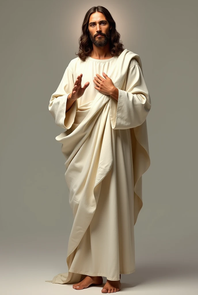 Full-length portrait of Jesus Christ standing, barefoot, face of Jesus from the front, beautiful and serene impressive realistic, Jesus of Nazareth, White tunic, right hand raised in a blessing position and the left on his chest