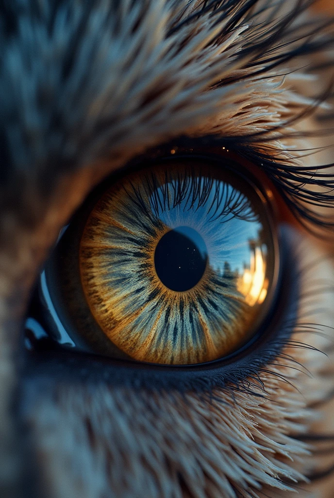 close-up of a single coyote eye, direct frontal view. Detailed iris and pupil. Sharp focus on eye texture and color. Natural lighting to capture authentic eye shine and depth. The word "MISTERIO" is written inside the eye as a reflect of that word that is written in the sky and in the background of that sky you can see the universe with stars, and big colored nebulas.