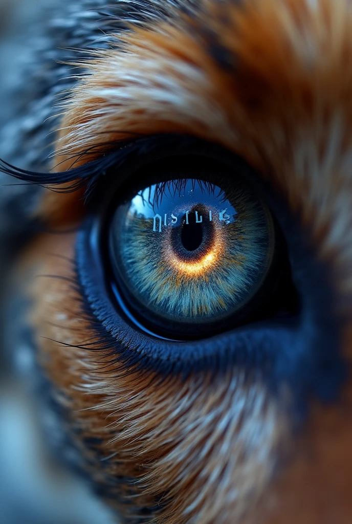 close-up of a single coyote eye, direct frontal view. Detailed iris and pupil. Sharp focus on eye texture and color. Natural lighting to capture authentic eye shine and depth. The word "MISTERIO" is written inside the eye as a reflect of that word that is written in the sky and in the background of that sky you can see the universe with stars, and big colored nebulas.
