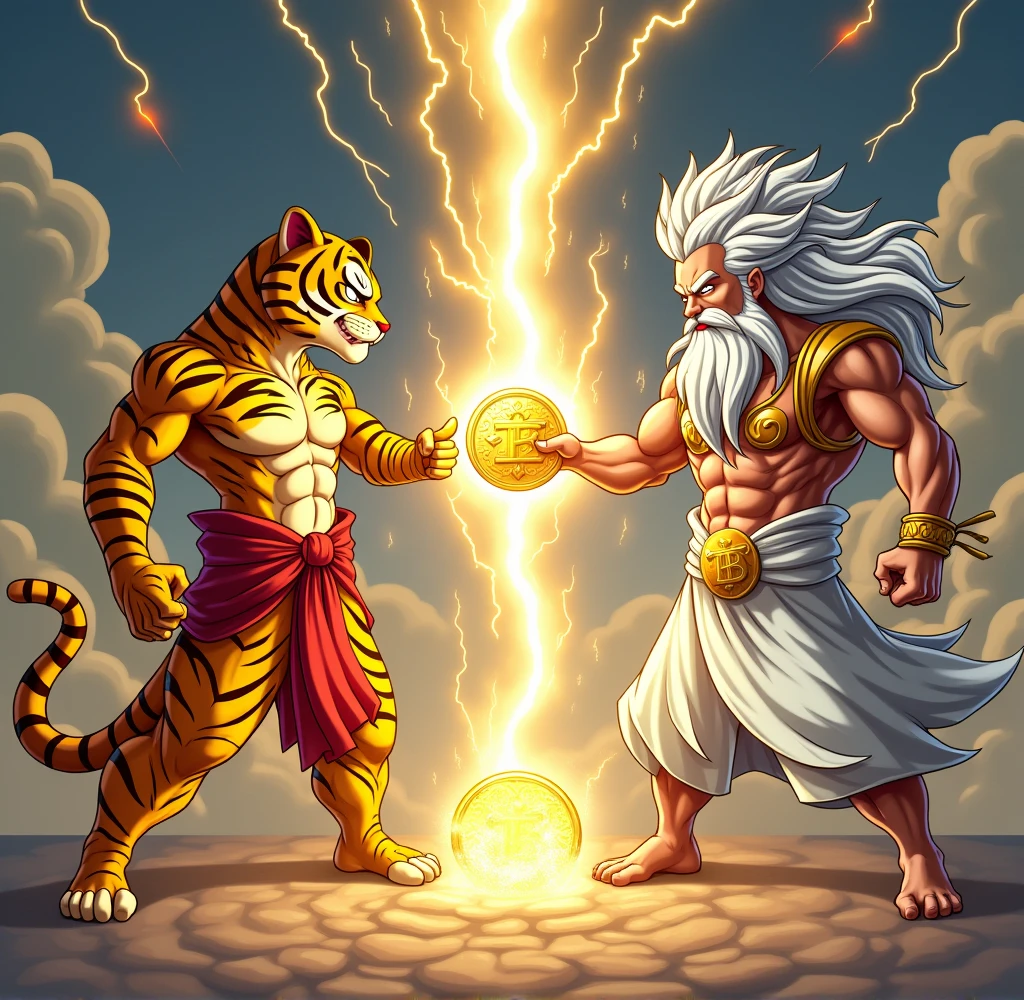 Create a dynamic fusion scene inspired by the classic fusion pose from popular anime Dragon ball z. The scene should feature two distinct characters: Character 1 (Fortune Tiger): An anthropomorphic tiger with a strong and muscular build, wearing a traditional Chinese golden outfit with red accents. The tiger is in a fusion stance, pointing one finger toward the other character. Character 2 (Gate of Olympus - Thunder God): A Zeus-like figure with flowing white hair and a long beard, dressed in a white Greek toga with golden details. This character mirrors the tiger’s pose, with one finger pointed toward the tiger. Effects: From the point where their fingers meet, lightning bolts and sparks should burst forth, symbolizing their fusion. In the center of the image, between the two characters, a large golden coin is being conjured, glowing brightly. Background: The background should be an epic, celestial setting with dramatic clouds, lightning, and a golden aurora to create a mystical atmosphere. The overall scene should convey a sense of power and unity