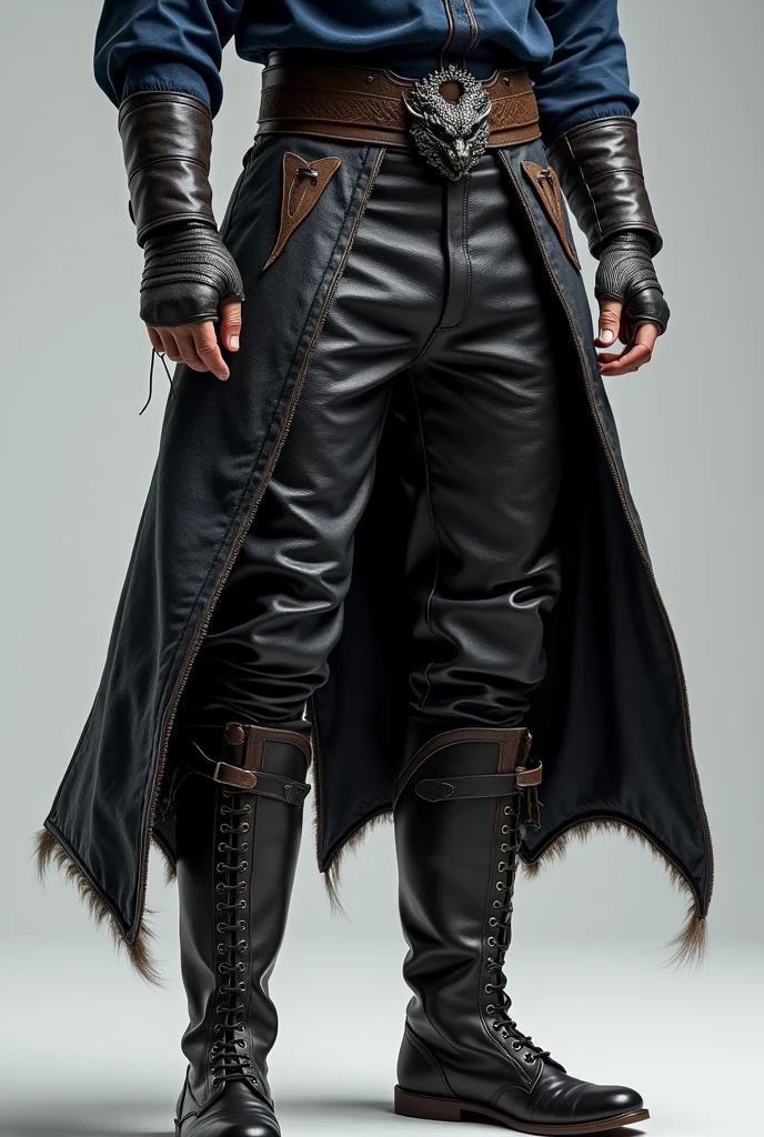 "A pair of rugged, dark leather pants designed to complement a dragon-hide overcoat and a high-collared, midnight blue shirt. The pants are crafted from thick, durable leather in a deep black shade, with a slightly worn texture that suggests both durability and frequent use. They feature reinforced seams along the sides and knees, with subtle, embossed scales at the thighs, echoing the dragon-hide theme. The pants are secured with a wide, sturdy belt adorned with a large, ornate buckle resembling a dragon’s head. Around the calves, the pants are slightly tapered, designed to be tucked into heavy, knee-high boots, giving the character a grounded, battle-ready appearance while still maintaining a touch of elegance and mystique."