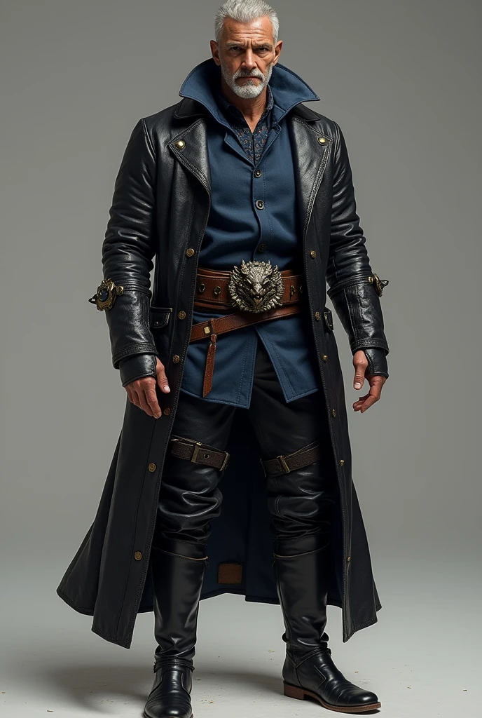 "A pair of rugged, dark leather pants designed to complement a dragon-hide overcoat and a high-collared, midnight blue shirt. The pants are crafted from thick, durable leather in a deep black shade, with a slightly worn texture that suggests both durability and frequent use. They feature reinforced seams along the sides and knees, with subtle, embossed scales at the thighs, echoing the dragon-hide theme. The pants are secured with a wide, sturdy belt adorned with a large, ornate buckle resembling a dragon’s head. Around the calves, the pants are slightly tapered, designed to be tucked into heavy, knee-high boots, giving the character a grounded, battle-ready appearance while still maintaining a touch of elegance and mystique."