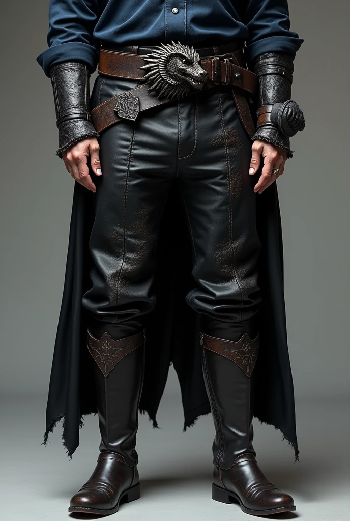 "A pair of rugged, dark leather pants designed to complement a dragon-hide overcoat and a high-collared, midnight blue shirt. The pants are crafted from thick, durable leather in a deep black shade, with a slightly worn texture that suggests both durability and frequent use. They feature reinforced seams along the sides and knees, with subtle, embossed scales at the thighs, echoing the dragon-hide theme. The pants are secured with a wide, sturdy belt adorned with a large, ornate buckle resembling a dragon’s head. Around the calves, the pants are slightly tapered, designed to be tucked into heavy, knee-high boots, giving the character a grounded, battle-ready appearance while still maintaining a touch of elegance and mystique."