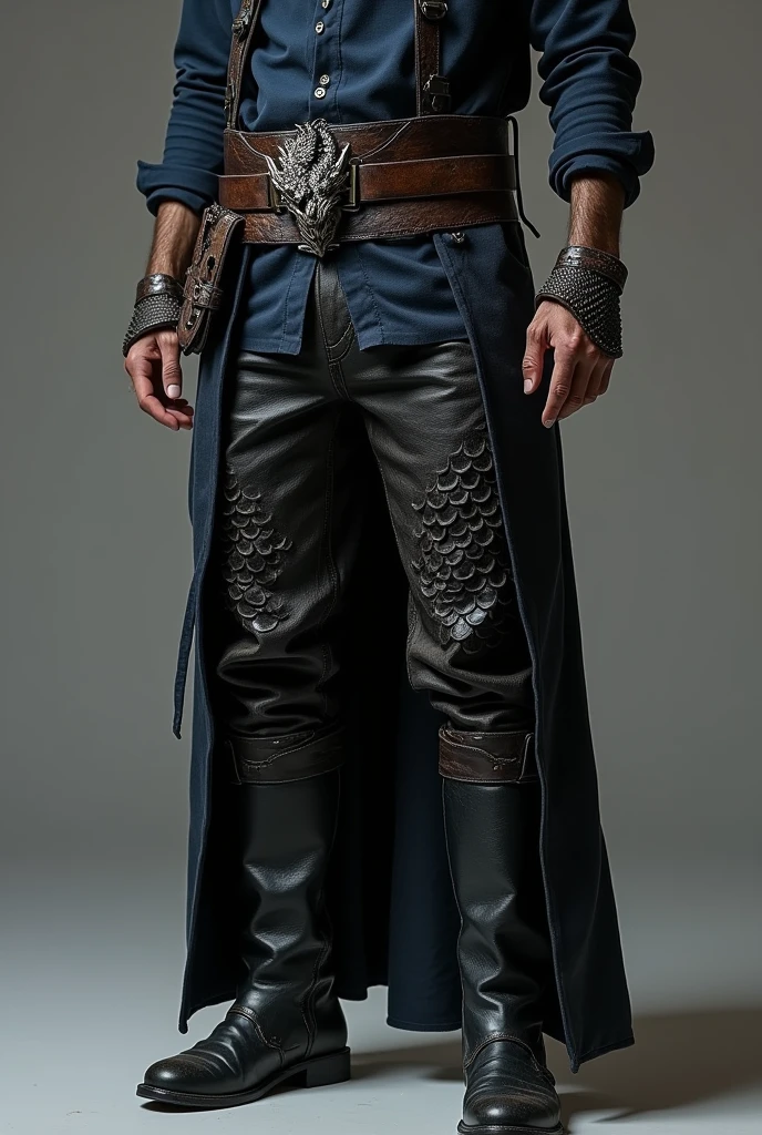 "A pair of rugged, dark leather pants designed to complement a dragon-hide overcoat and a high-collared, midnight blue shirt. The pants are crafted from thick, durable leather in a deep black shade, with a slightly worn texture that suggests both durability and frequent use. They feature reinforced seams along the sides and knees, with subtle, embossed scales at the thighs, echoing the dragon-hide theme. The pants are secured with a wide, sturdy belt adorned with a large, ornate buckle resembling a dragon’s head. Around the calves, the pants are slightly tapered, designed to be tucked into heavy, knee-high boots, giving the character a grounded, battle-ready appearance while still maintaining a touch of elegance and mystique."