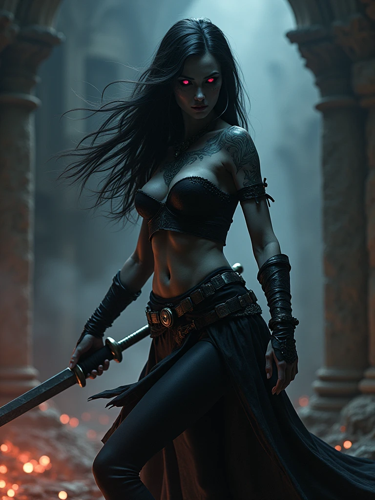 A beautiful muscular female Drow, wielding a long sword, fighting stance, cinematic lighting, dimly light