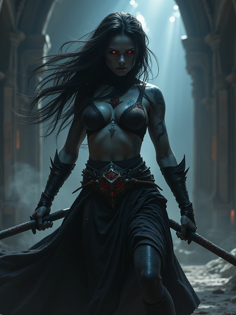 A beautiful muscular female Drow, wielding a long sword, fighting stance, cinematic lighting, dimly light