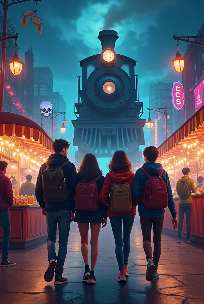 Create an image of four friends, two men and two women, in an amusement park at night, together with a haunted train. 