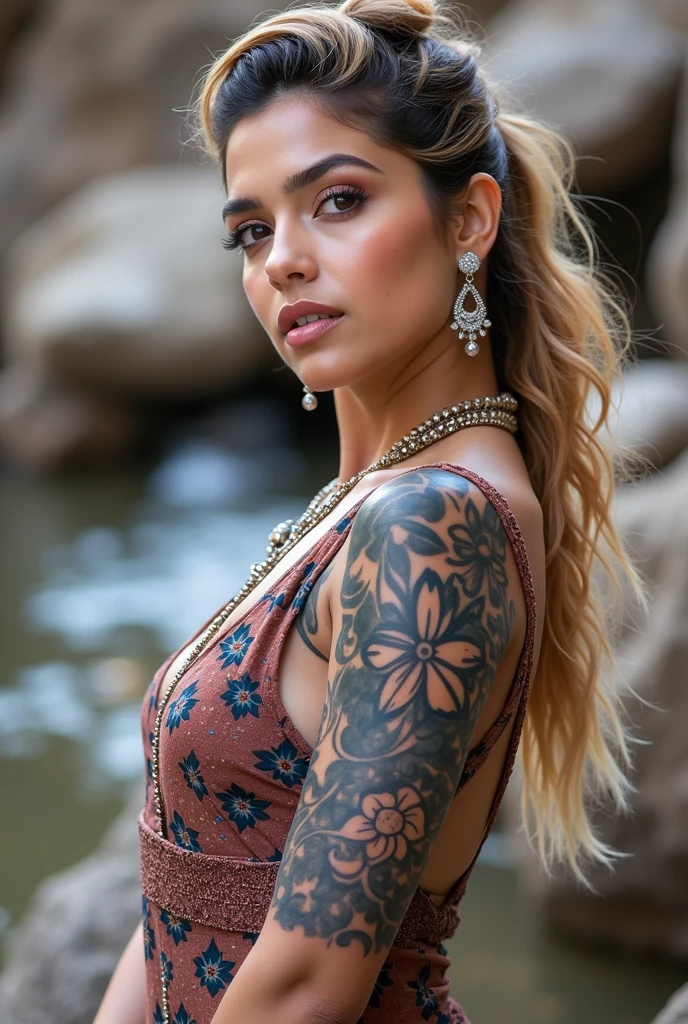Priyanka Chopra look a like ,Golden spike hairs tlush tattoos on face and little brown diamond jewelry tanned skin arab hairs style Arabian figure eternal lady face lips bite tease hyperealism photorealistic 7k best background wallpaper makeup model style hairs Arabian makeup siren eyes arab bad tattoos of face tattoo queen