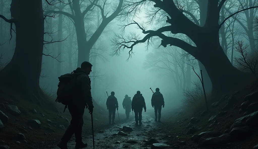 make a haunted forest, extremly scary,dark and somber tones, there is a group of explorers exploring the forest, extremely detaild, photoshot_\( ultra\), photoshotrealisitic, realisitic, Post-processing, Maximum details, roughness, real-life, ultrarealisitic, photoshotrealism, photoshotgraphy, 8k hd, photoshotgraphy