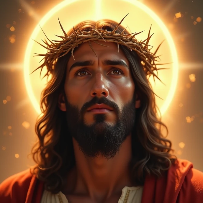 Ultra realistic Jesus in 4k with a crown of thorns on his head, JesusChrist, the lord and savior, portrait of JesusChrist, Jesus of Nazareth, brilliant light masterpiece, jesus, greg olsen, king of kings, beautiful image already created, Bright halo above your head, glorious light,!! Jesus facing the image, head to chest image