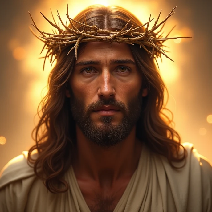 Ultra realistic Jesus in 4k with a crown of thorns on his head, JesusChrist, the lord and savior, portrait of JesusChrist, Jesus of Nazareth, brilliant light masterpiece, jesus, greg olsen, king of kings, beautiful image already created, Bright halo above your head, glorious light,!! Jesus facing the image, head to chest image