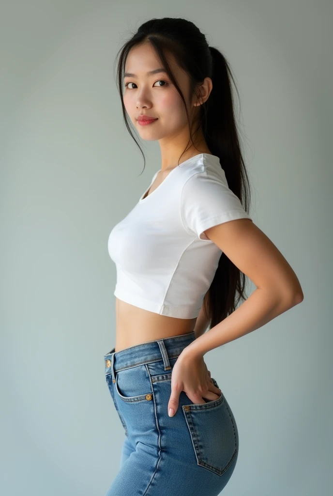 Girl posing for photo in white bra and tight denim, full bodyesbian，With a cropped T-shirt、brassier，Slim body，Smaller bust，Slim girl model，young asian model，Long hair，Single ponytail, booty shiw