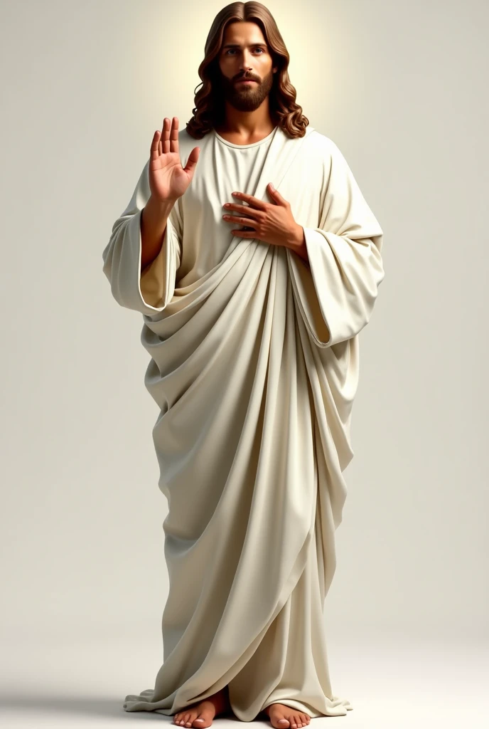 Full-length portrait of Jesus Christ standing, barefoot, face of Jesus from the front, beautiful and serene impressive realistic, Jesus of Nazareth, White tunic, right hand raised in a blessing position and the left on his chest