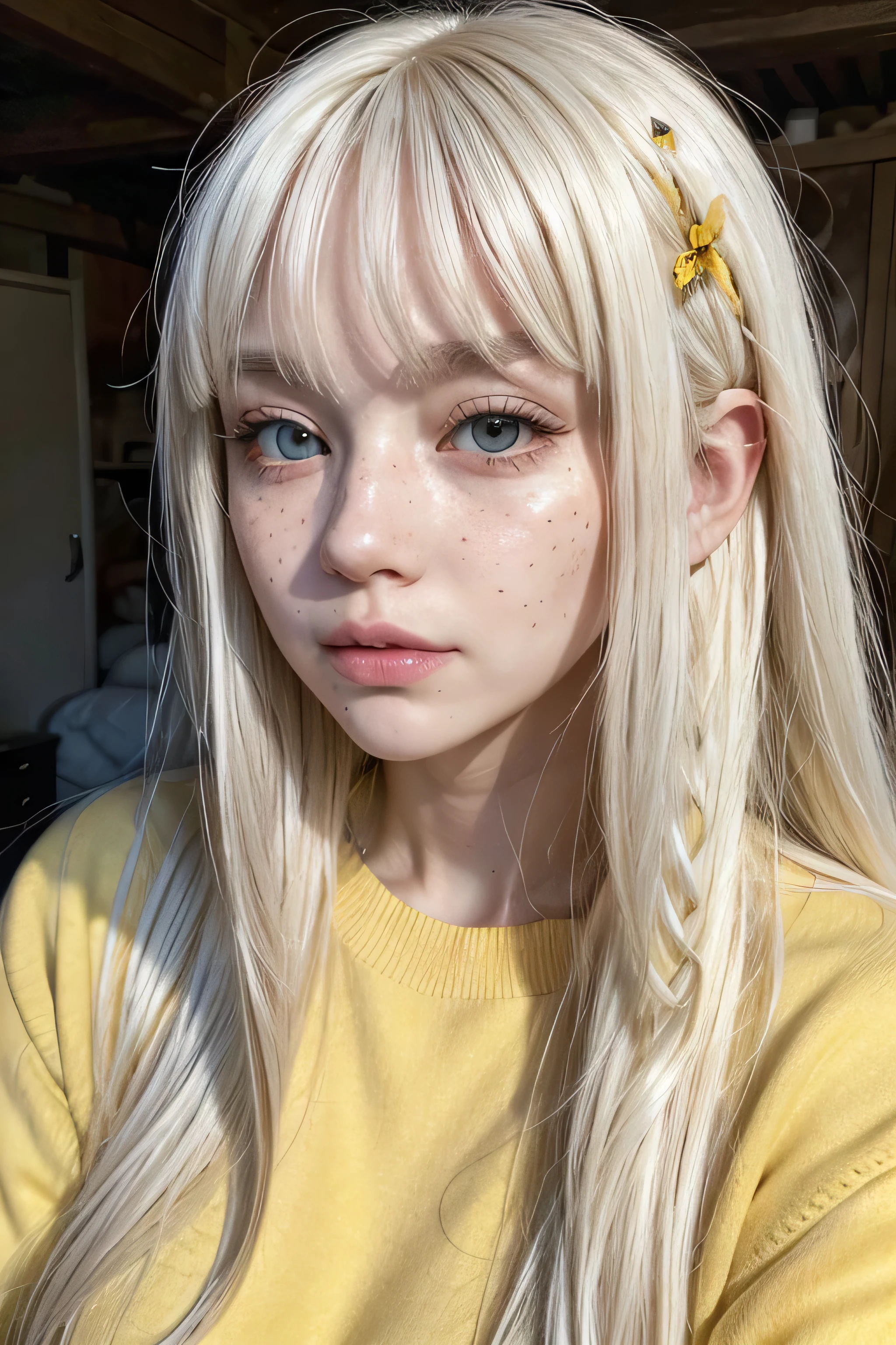 Woman, long white hair, bangss, freckles on the face, tattoo's, yellow sweater.