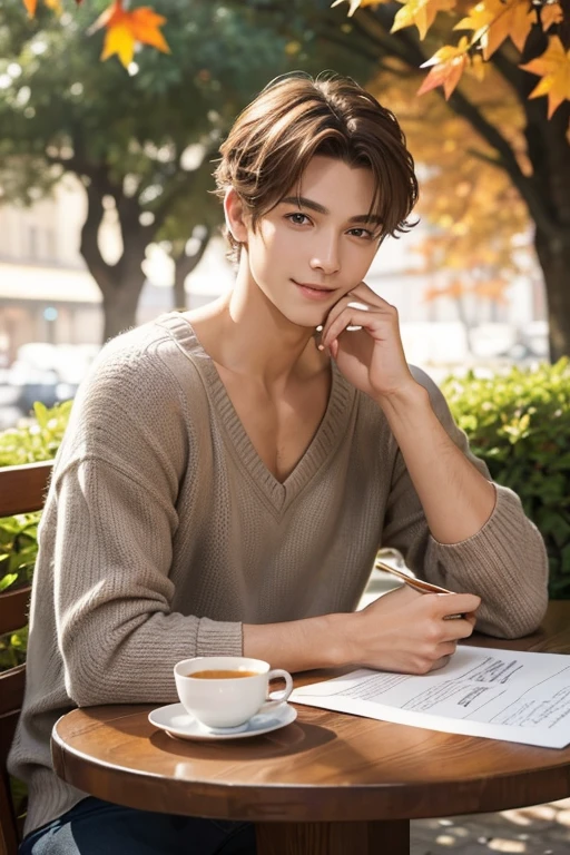 masterpiece，Highest quality，4K，Realistic，Handsome，male，Chestnut hair color，Short Hair，Light gray eyes，Thin face line，Thin Nose，autumn，garden，White knit，Loose V-neck，Relaxed look，table，Cafe paper cups，Slight smile，looking at the camera
