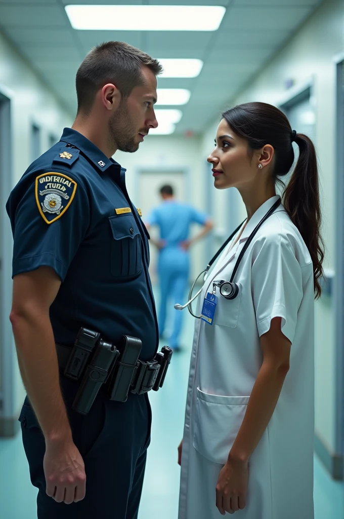 A police officer and a nurse with a stethoscope and surgical clothing 
