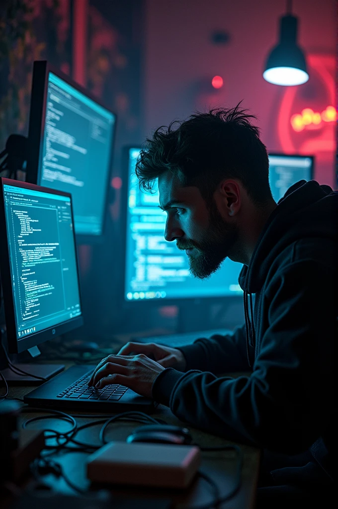 A man with in front of laptop like hacker