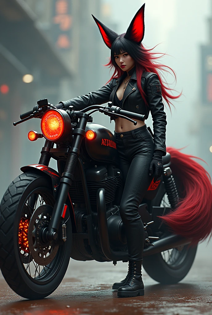 Create a young kitsune woman with black and red fur next to her large, scary-looking, cursed motorcycle. Gives her humanoid features, including face, body and hands. With biker clothes, not sensual at all. Include a three-tailed tail.