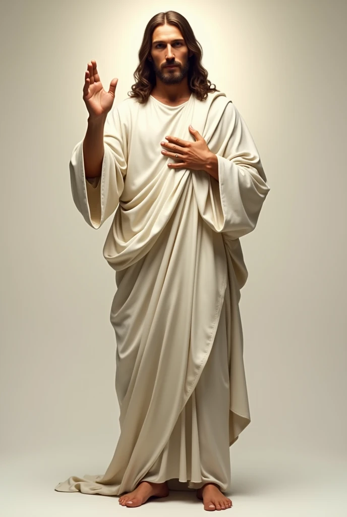 Full-length portrait of Jesus Christ standing, barefoot, face of Jesus from the front, beautiful and serene impressive realistic, Jesus of Nazareth, White tunic, right hand raised in a blessing position and the left on his chest