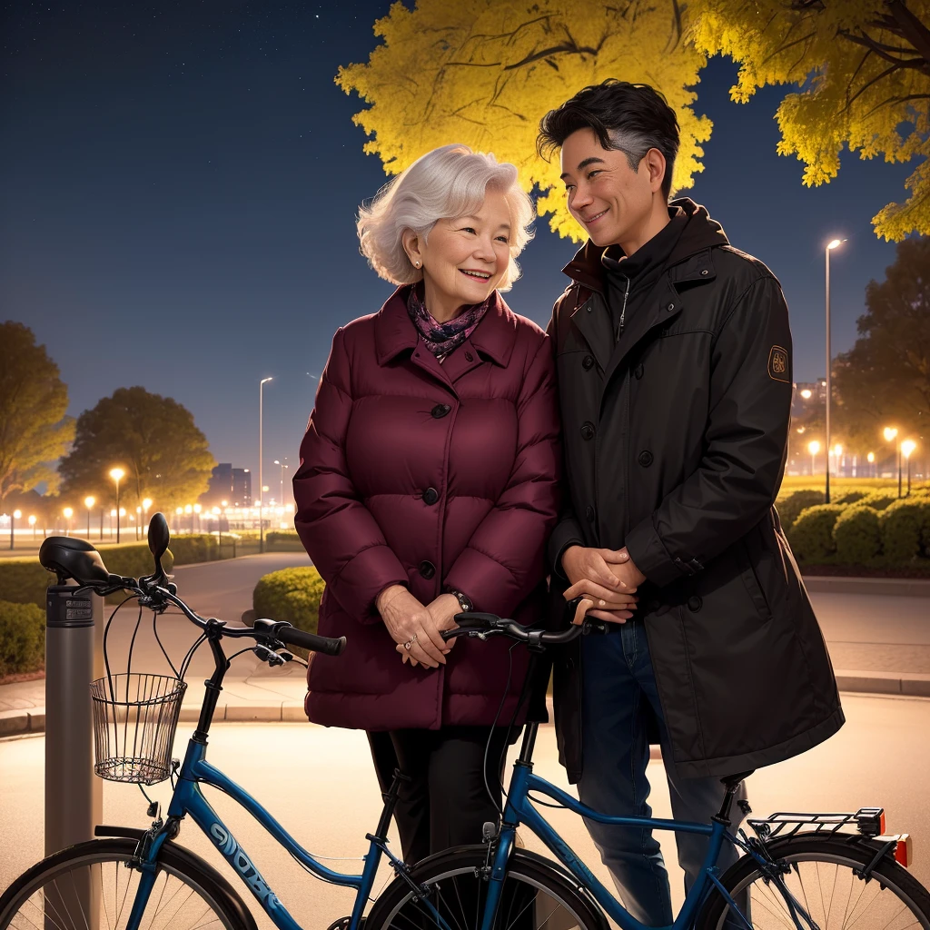 smiling woman and man standing next to a bike rack at night, photo taken at night, profile image, park in background, in park, with a park in the background, taken at night, in a park, taken at the beginning of 2020, Grandma and grandson, foto perfil, photo taken in 2 0 2 0, at night, night time